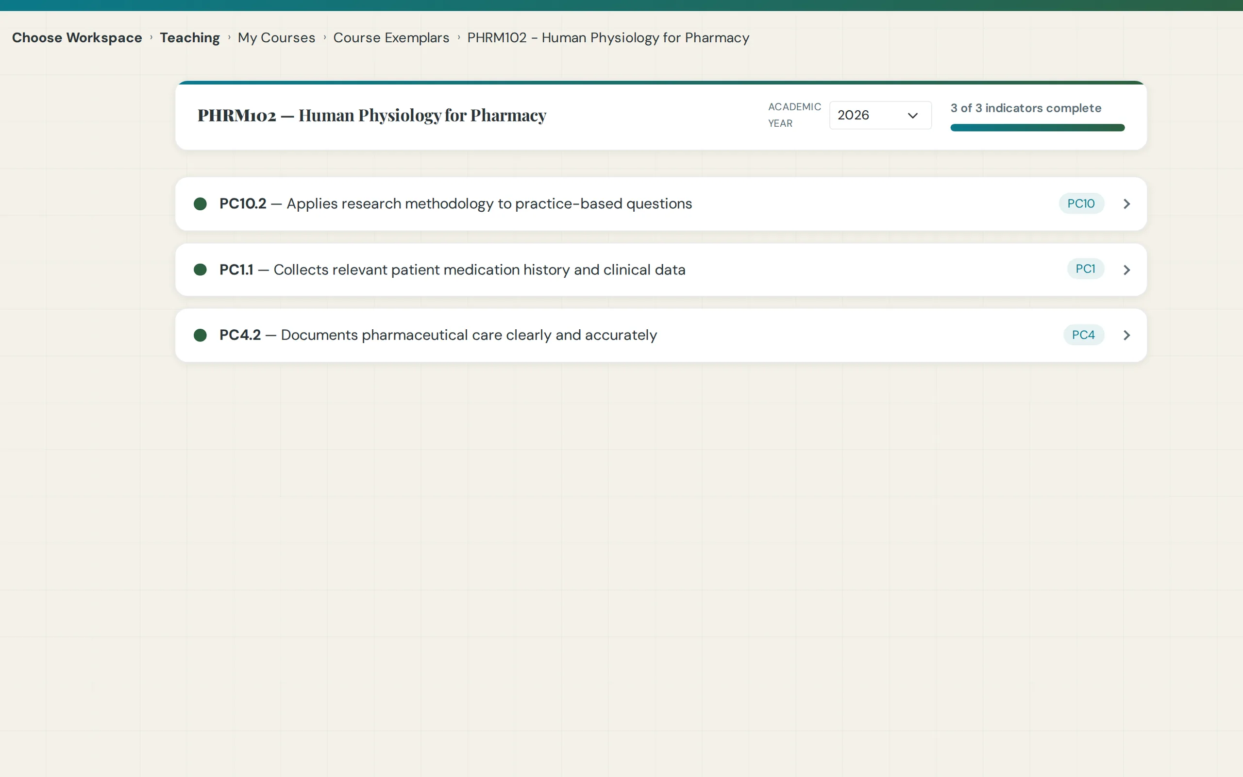 Course exemplar checklist showing which indicators are complete