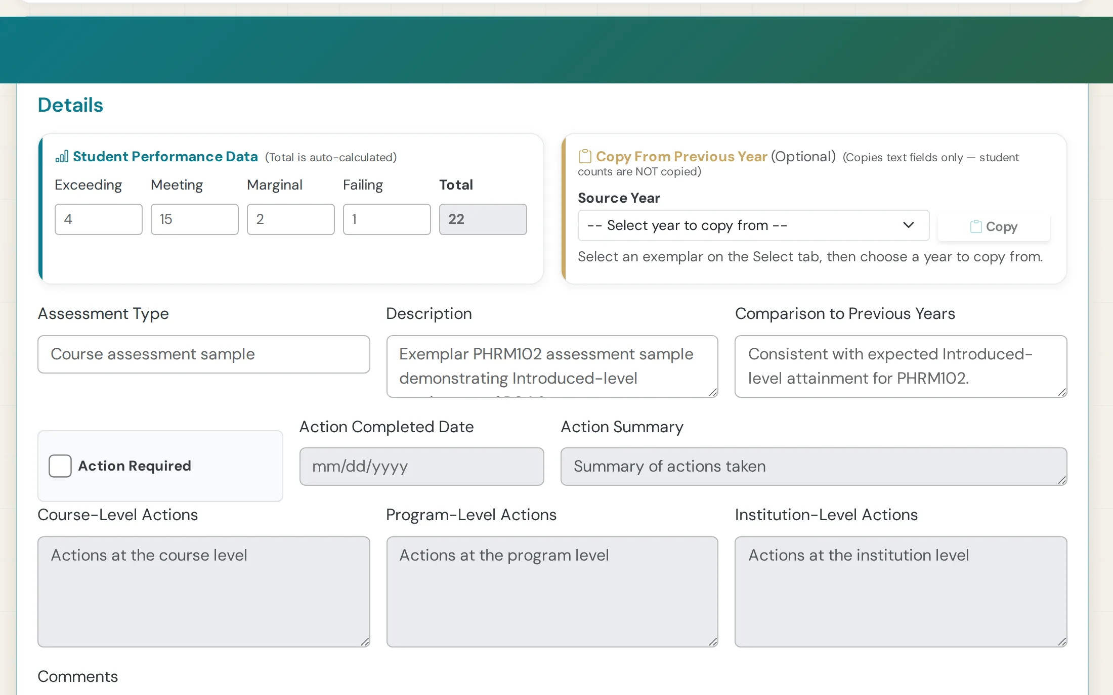 Exemplar details with performance data for one course indicator