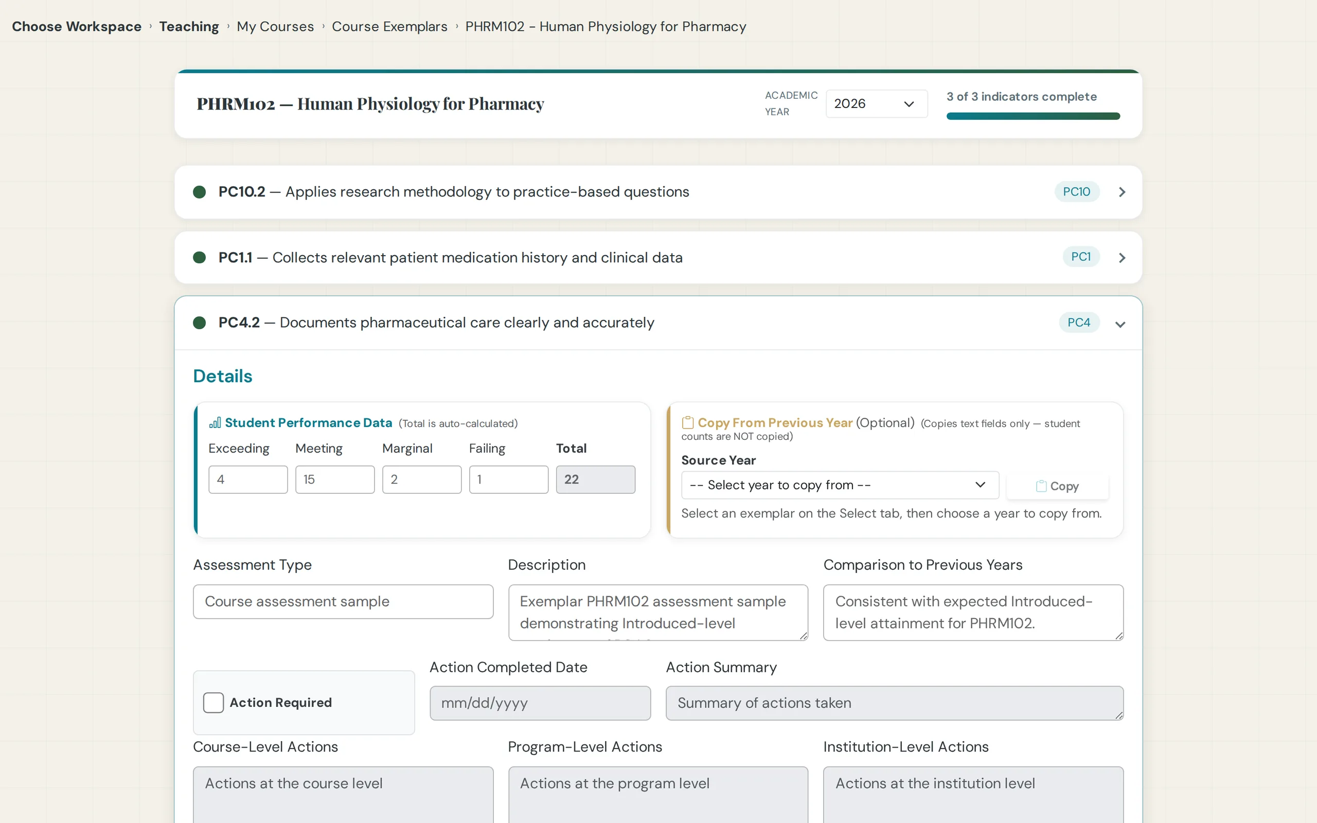 Course exemplar opened with its evidence filed against the course-indicator pairing
