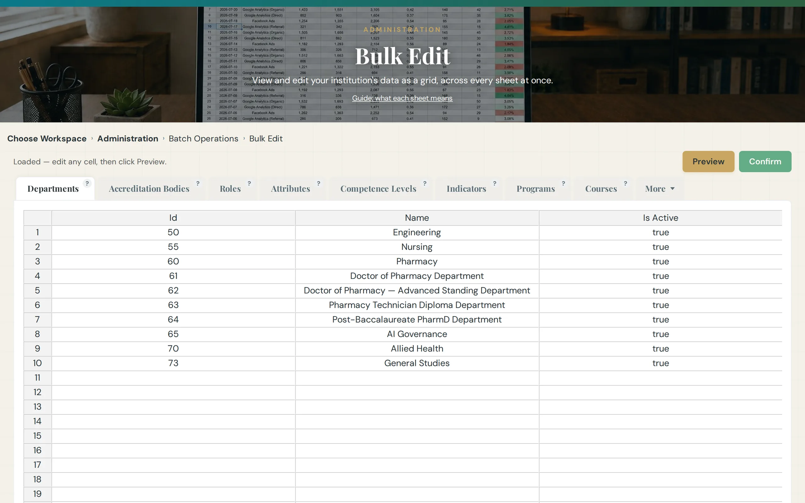 Bulk edit grid for editing institution data across every sheet at once
